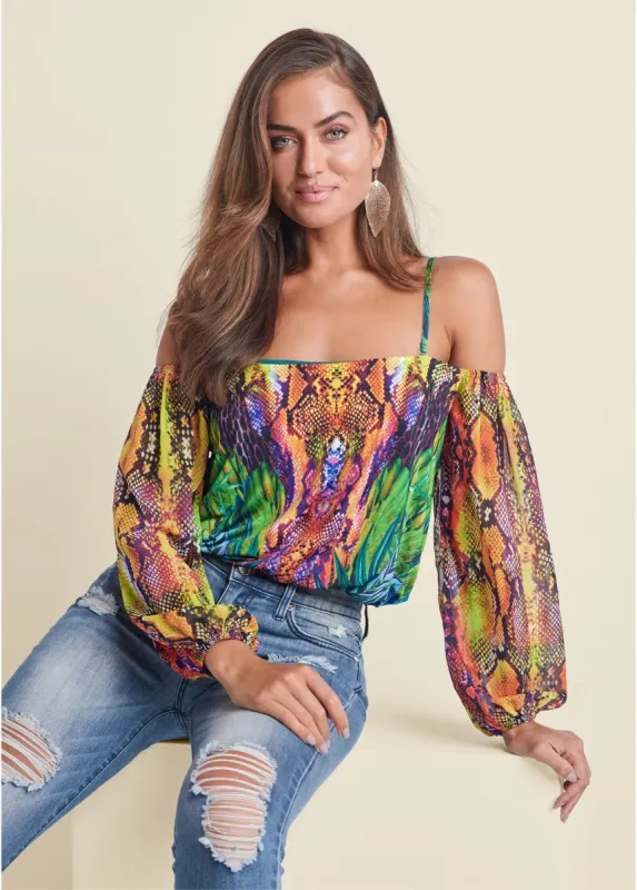 Printed Cold-Shoulder Top - Teal Multi sold by VENUS