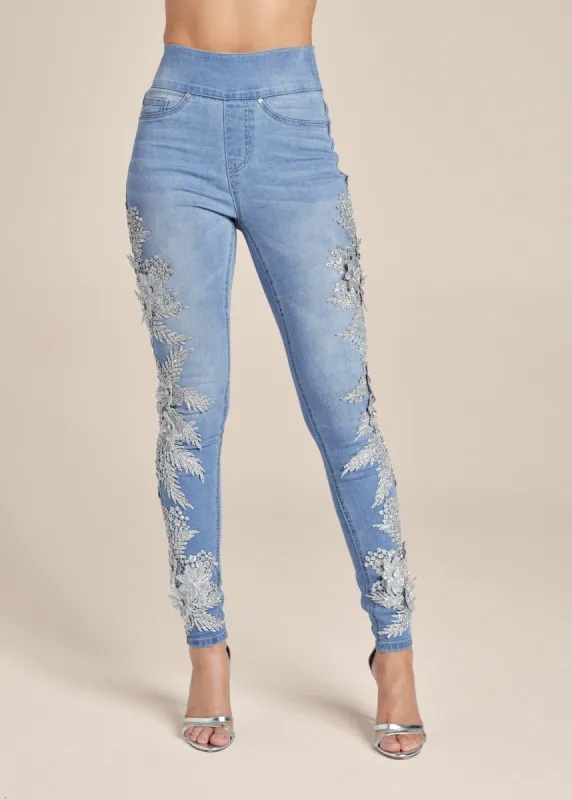 Floral Embellished Jeggings - Light Wash sold by VENUS
