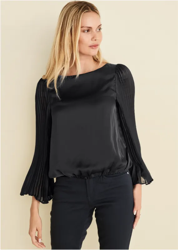 Pleated Sleeve Top - Black sold by VENUS
