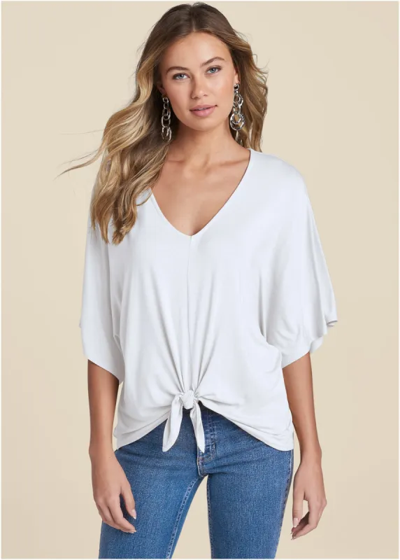 Knot Twist V-Neck Tee - White sold by VENUS