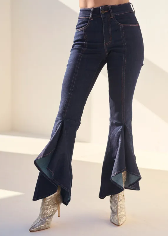 Ruffle Slit Hem Jeans - Indigo Blue sold by VENUS