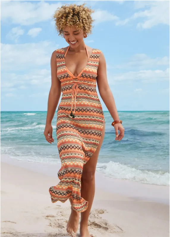 Crochet Maxi Cover-Up Dress - Tan Combo made by VENUS