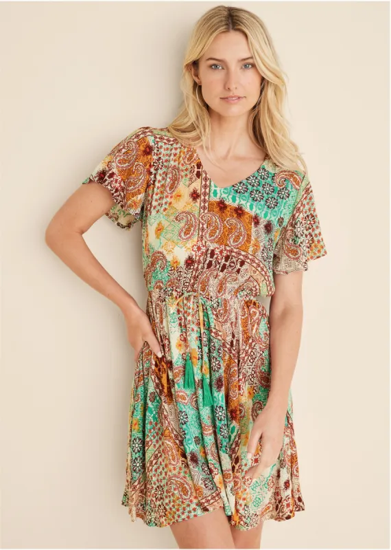 Paisley Print V-Neck Dress - Blue & Orange sold by VENUS