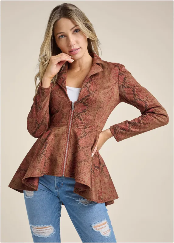 Python Print Hi-Low Faux Suede Jacket - Tan Multi sold by VENUS