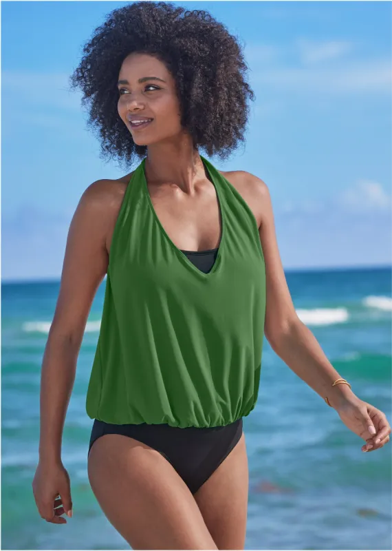 Cowl Neck Twofer One-Piece - Everglades Green & Black sold by VENUS
