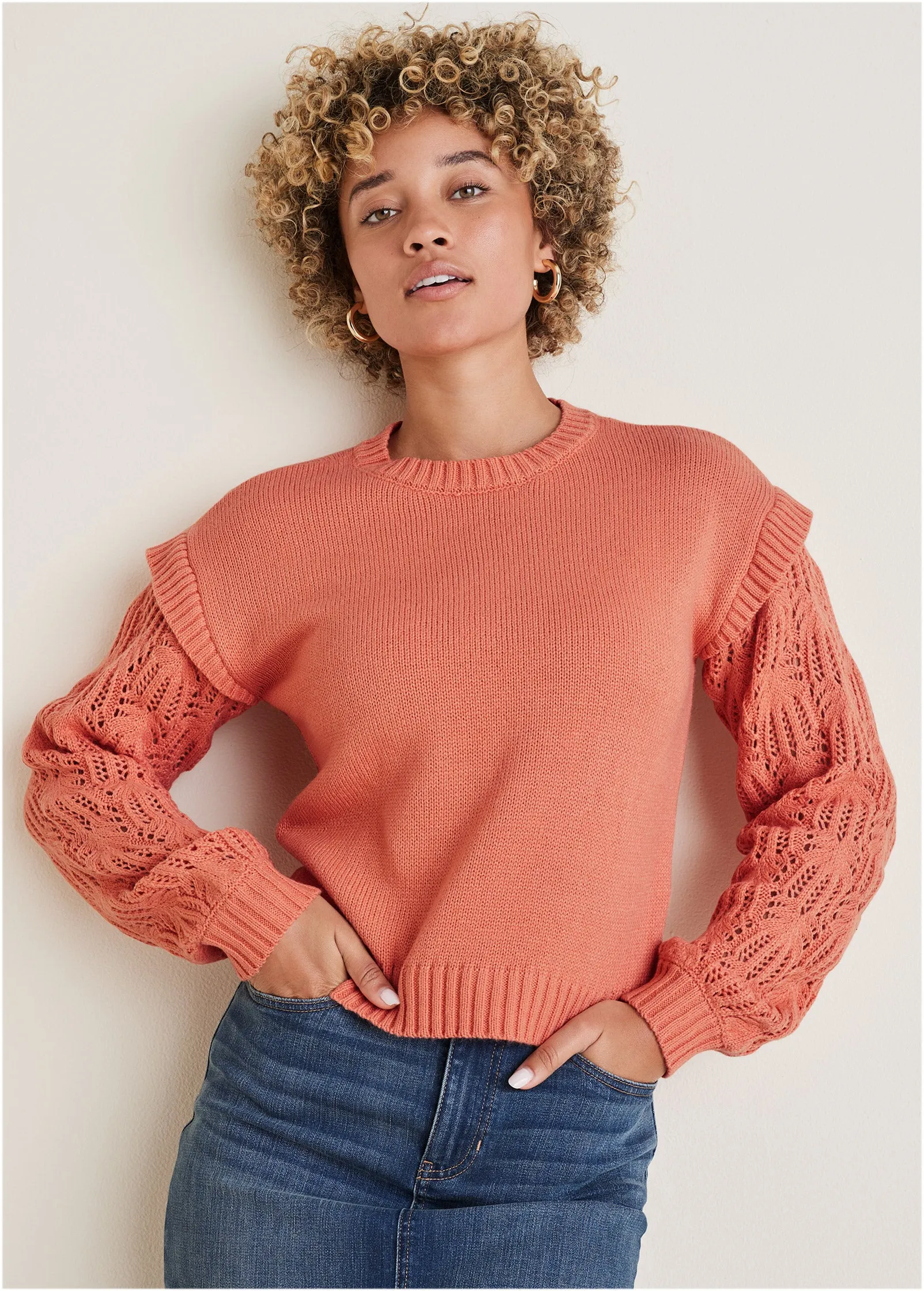 Pointelle Sleeve Crew Neck - Burnt Coral sold by VENUS