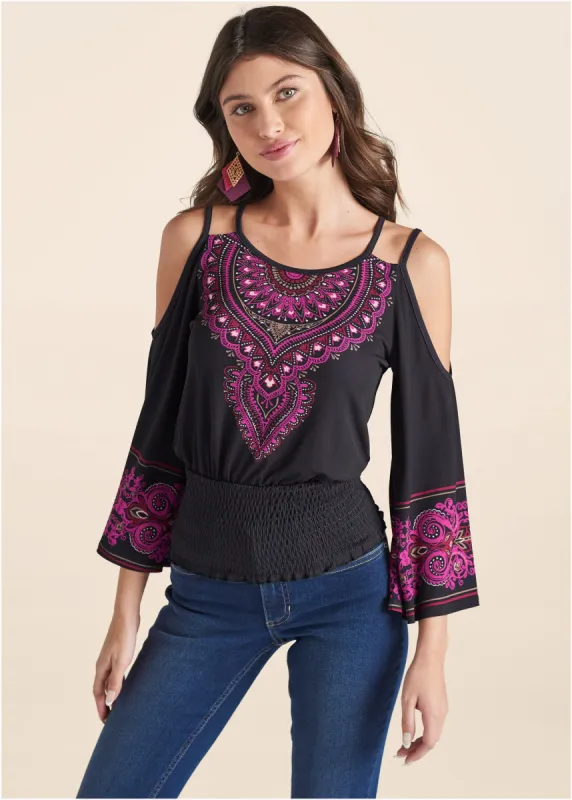 Moroccan Paisley Top - Black & Fuchsia sold by VENUS