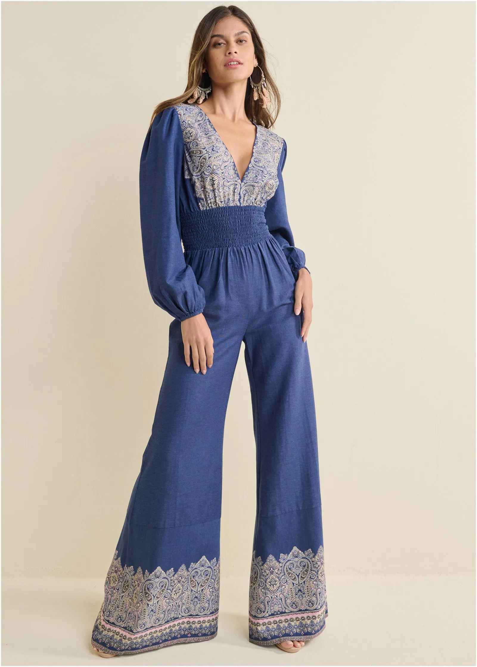 Printed Wide Leg Jumpsuit - Blue Multi sold by VENUS