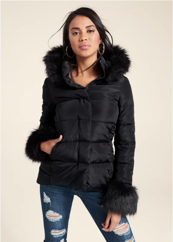 Faux-Fur Trim Puffer Coat - Black sold by VENUS