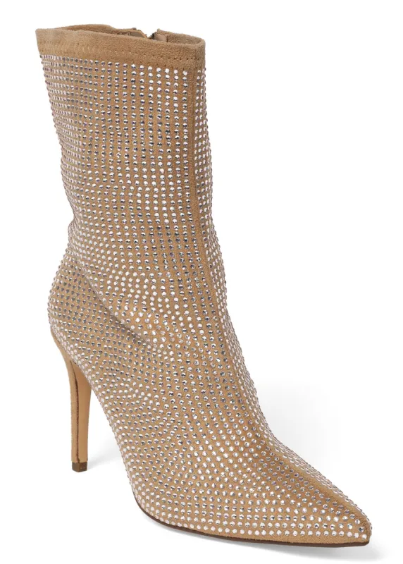 Rhinestone Heeled Booties - Camel sold by VENUS