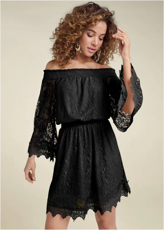 Off-The-Shoulder Lace Dress   - Black sold by VENUS