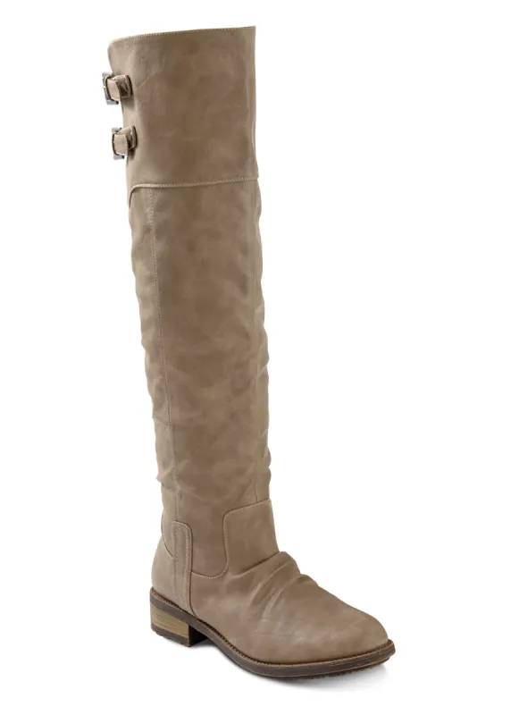 Buckle Knee-High Boots - Taupe sold by VENUS