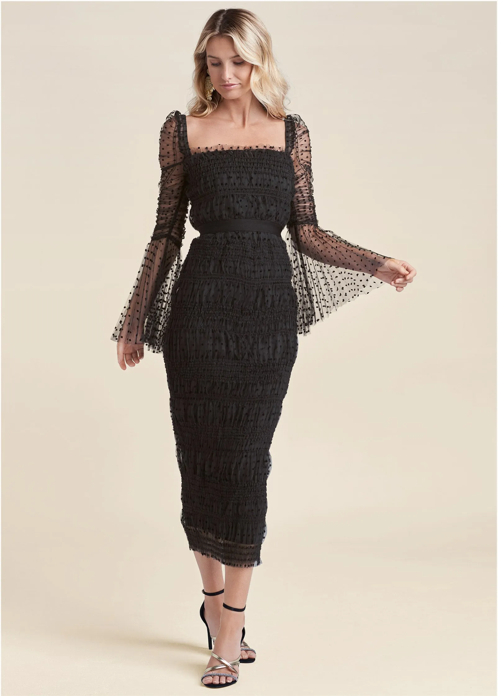 Dotted Mesh Bodycon Dress - Black sold by VENUS