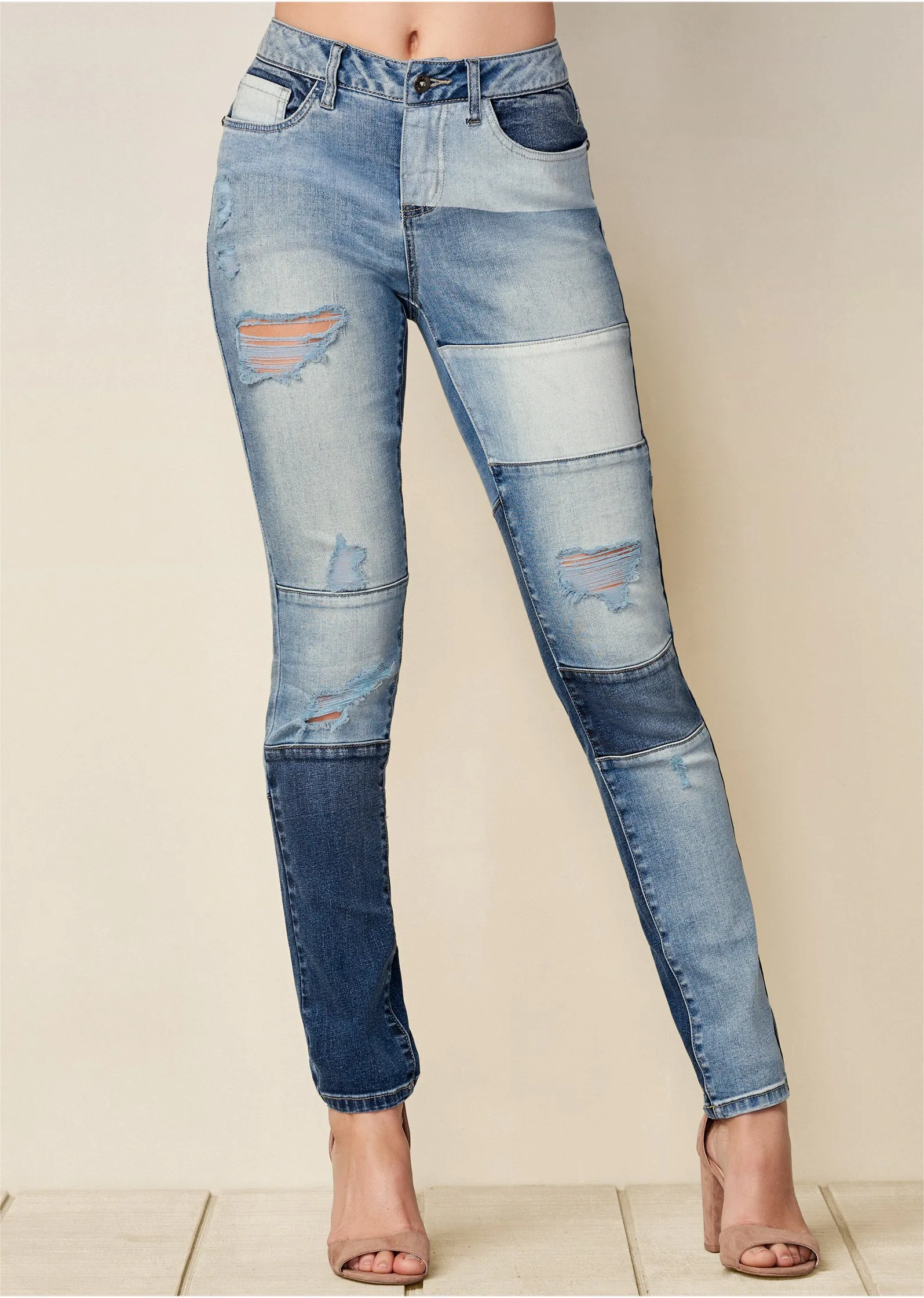 Distressed Patchwork Jeans - Medium Wash sold by VENUS