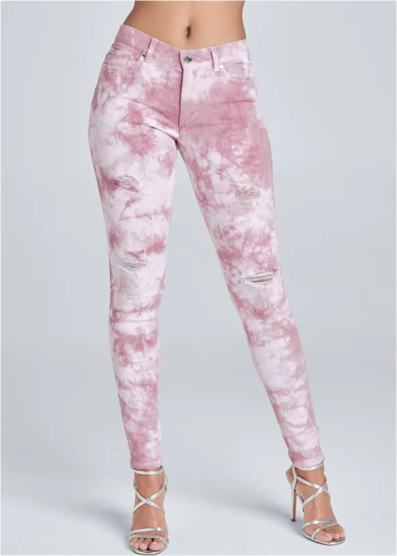 Ripped Tie Dye Skinny Jeans - Pink Multi sold by VENUS