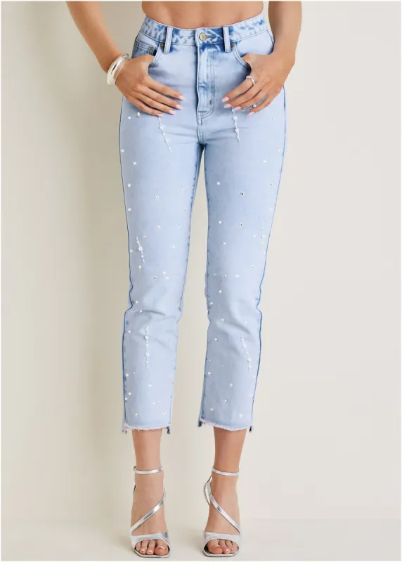 Rhinestone Straight Jeans  - Light Wash sold by VENUS