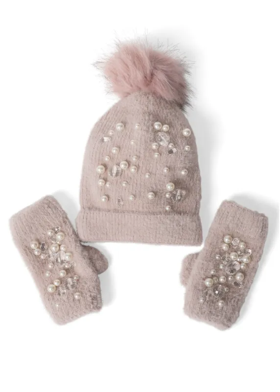 Faux Fur Pearl Beanie & Gloves Set - Pale Pink sold by VENUS