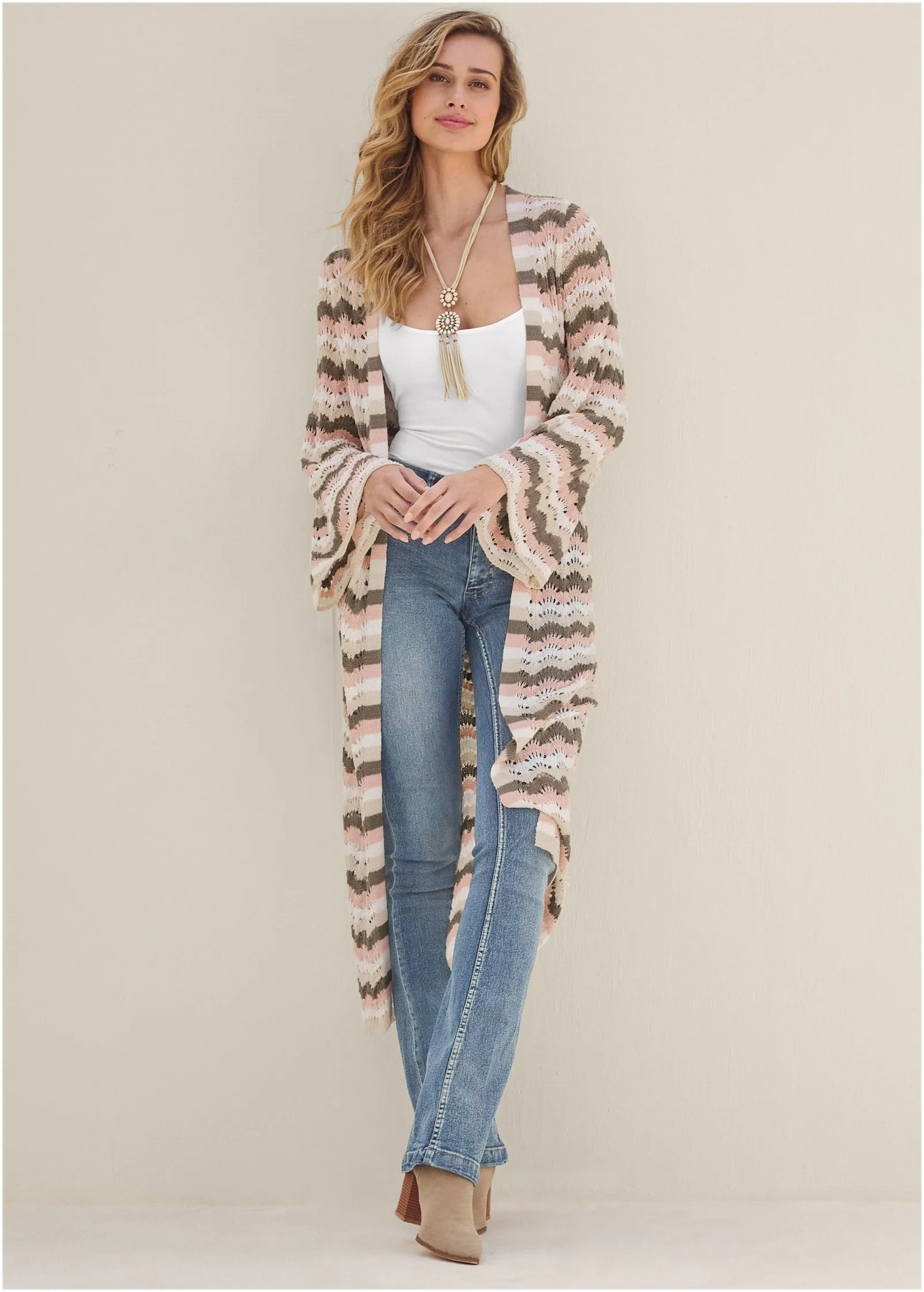 Pointelle Striped Duster - Off White Multi sold by VENUS