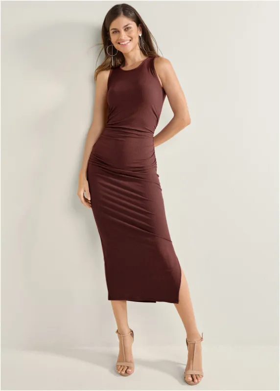 Ribbed Bodycon Midi Dress - Auburn sold by VENUS