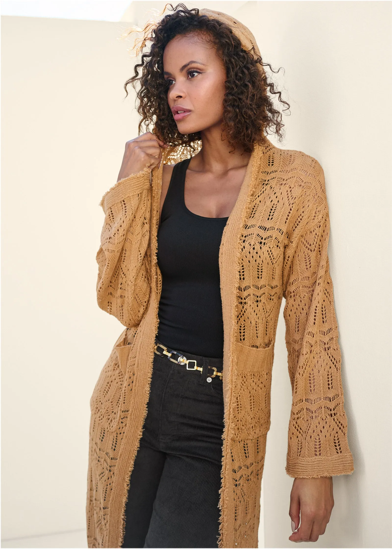 Fringe Detail Hooded Duster - Dark Gold sold by VENUS