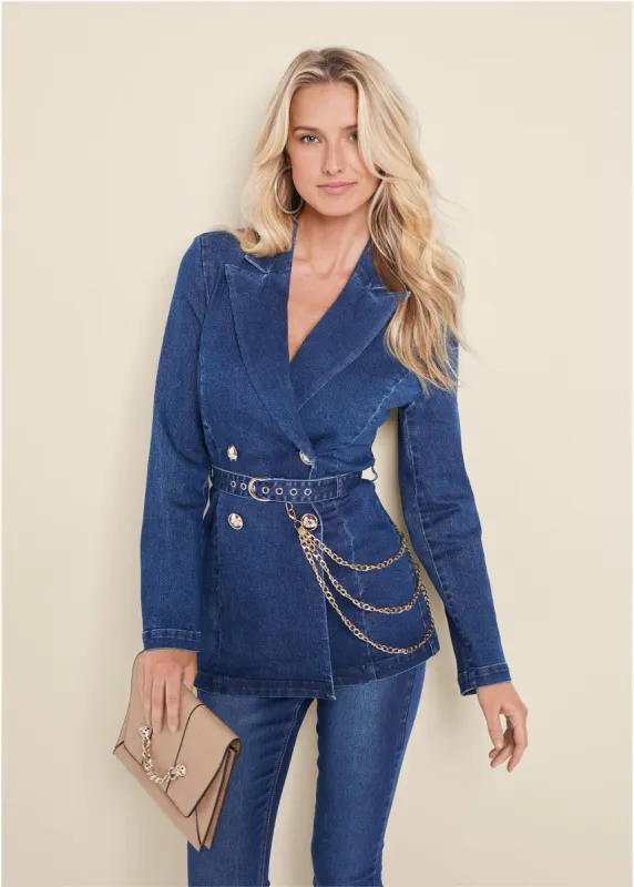 Chain Detail Belted Jean Jacket - Medium Wash sold by VENUS