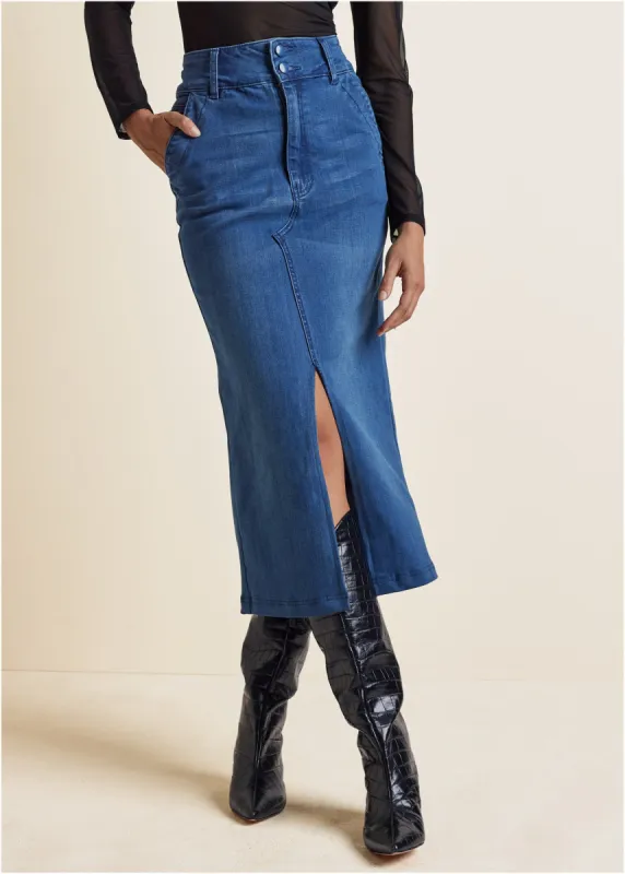 Upcycled Denim Midi Skirt - Dark Wash sold by VENUS