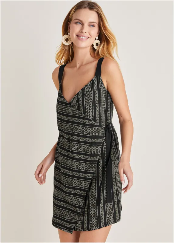 Jacquard Wrap Mini Dress - Black Combo sold by VENUS