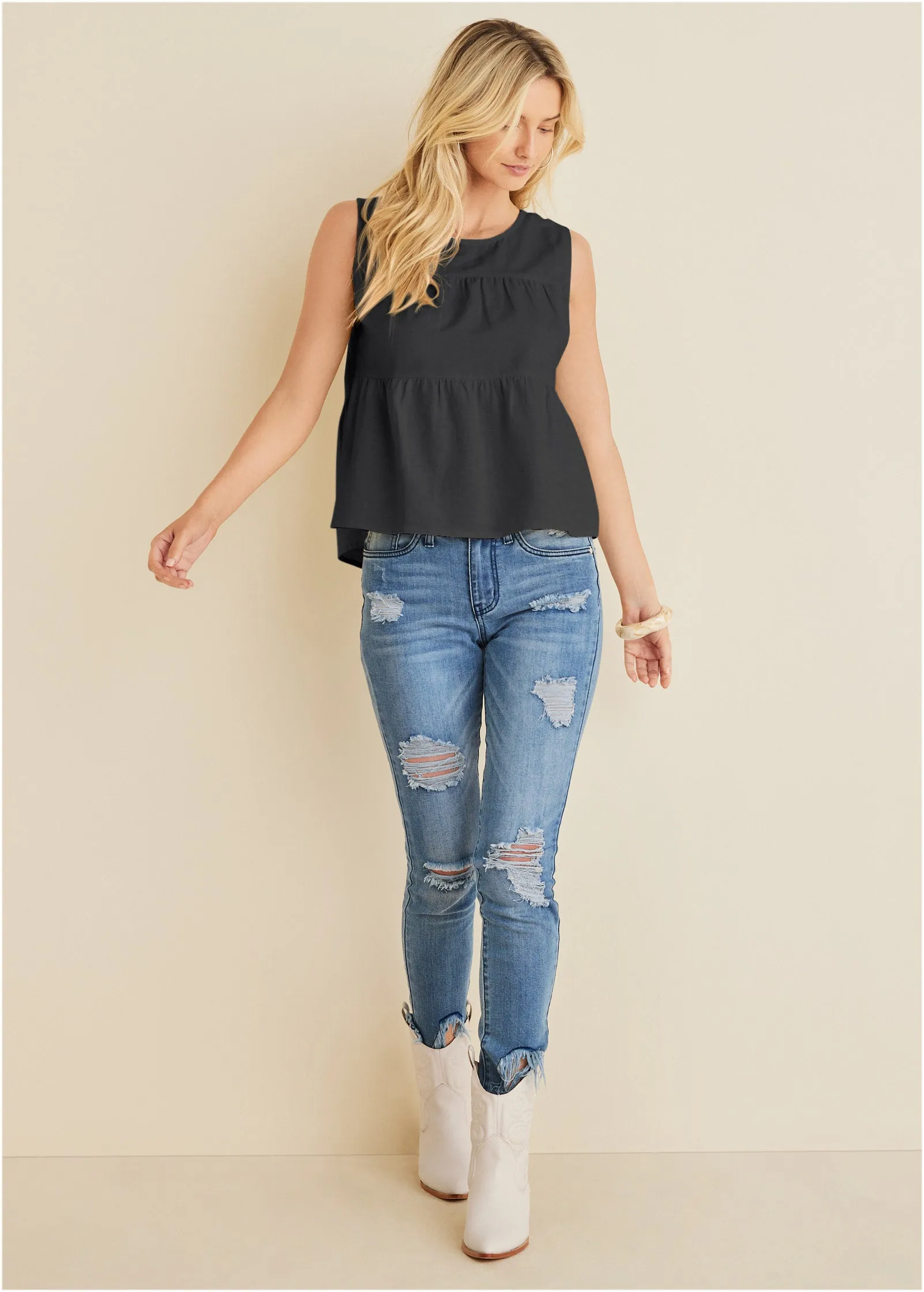 Linen Tiered Tank Top - Black sold by VENUS