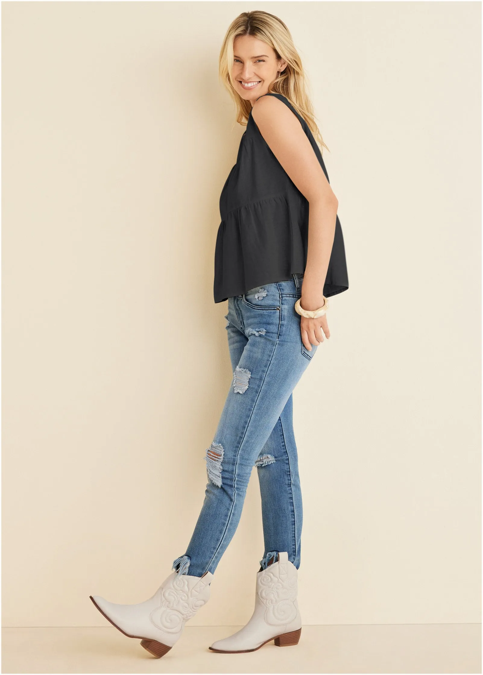 Linen Tiered Tank Top - Black sold by VENUS product image thumbnail 3