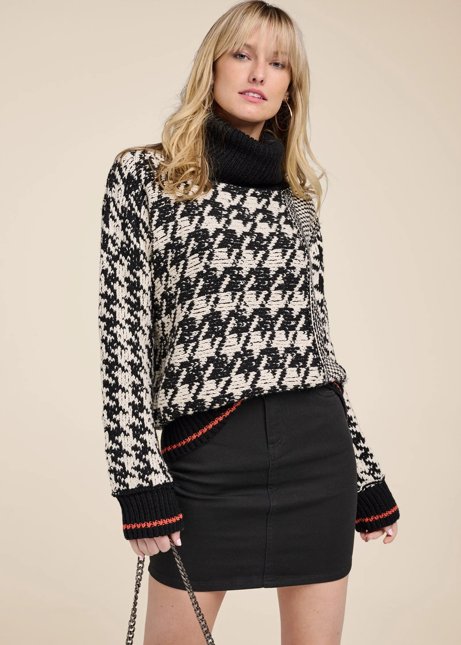 Chunky Knit Hounds Tooth Turtleneck Sweater - Black Multi sold by VENUS