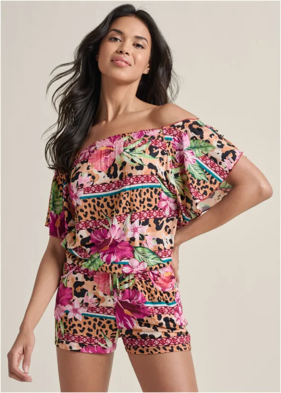 Off-The-Shoulder Romper - Beige Multi sold by VENUS