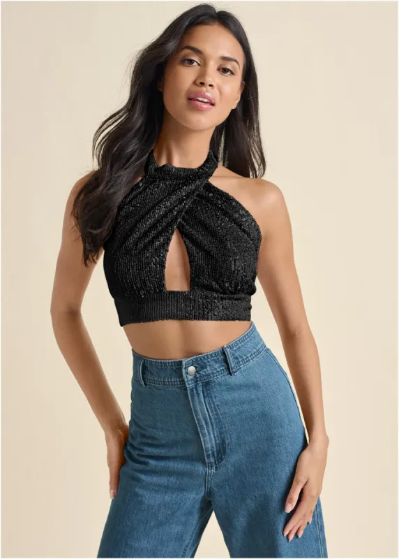 Sequin Halter Crop Top - Black sold by VENUS