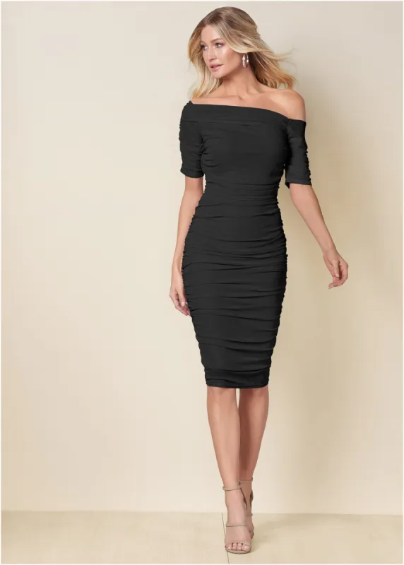 Ruched Mesh Bodycon Dress - Black sold by VENUS