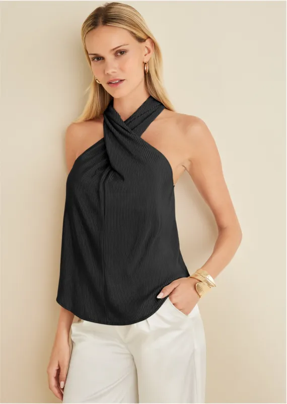 Plisse Cross Neck Tank - Black sold by VENUS