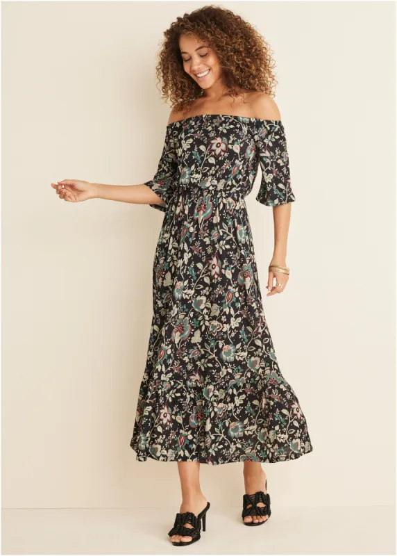 Off-The-Shoulder Maxi Dress - Black Floral sold by VENUS