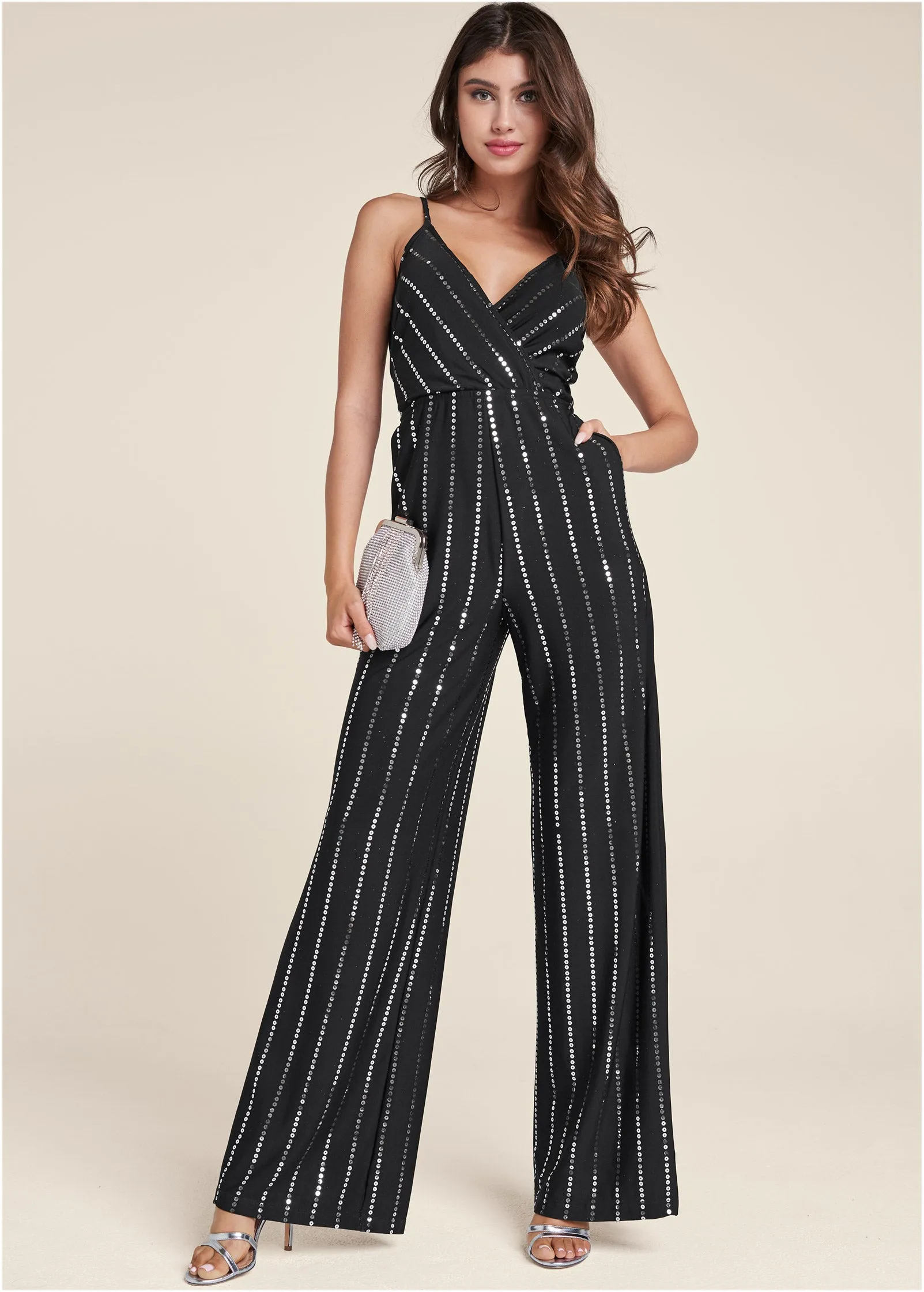 Sequin Pinstripe Jumpsuit - Black sold by VENUS