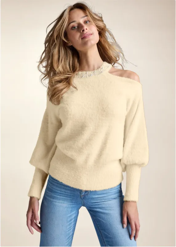 Cozy Cold Shoulder Pearl Accent Sweater - Off White sold by VENUS