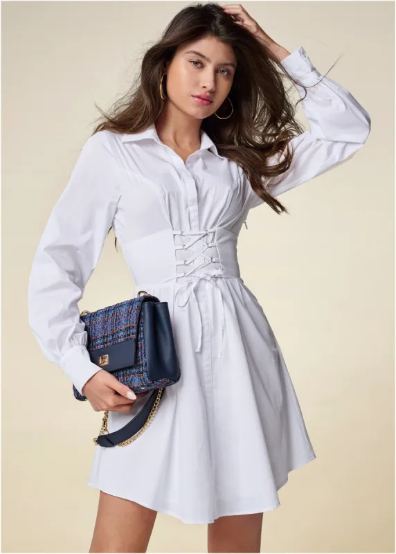 Corset Waist Shirt Dress  - White sold by VENUS