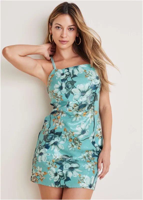 Opulent sequin mini dress - Light Blue Multi sold by VENUS