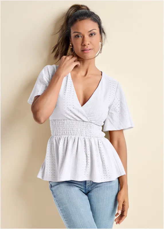 Stretch Eyelet Peplum Top - White sold by VENUS
