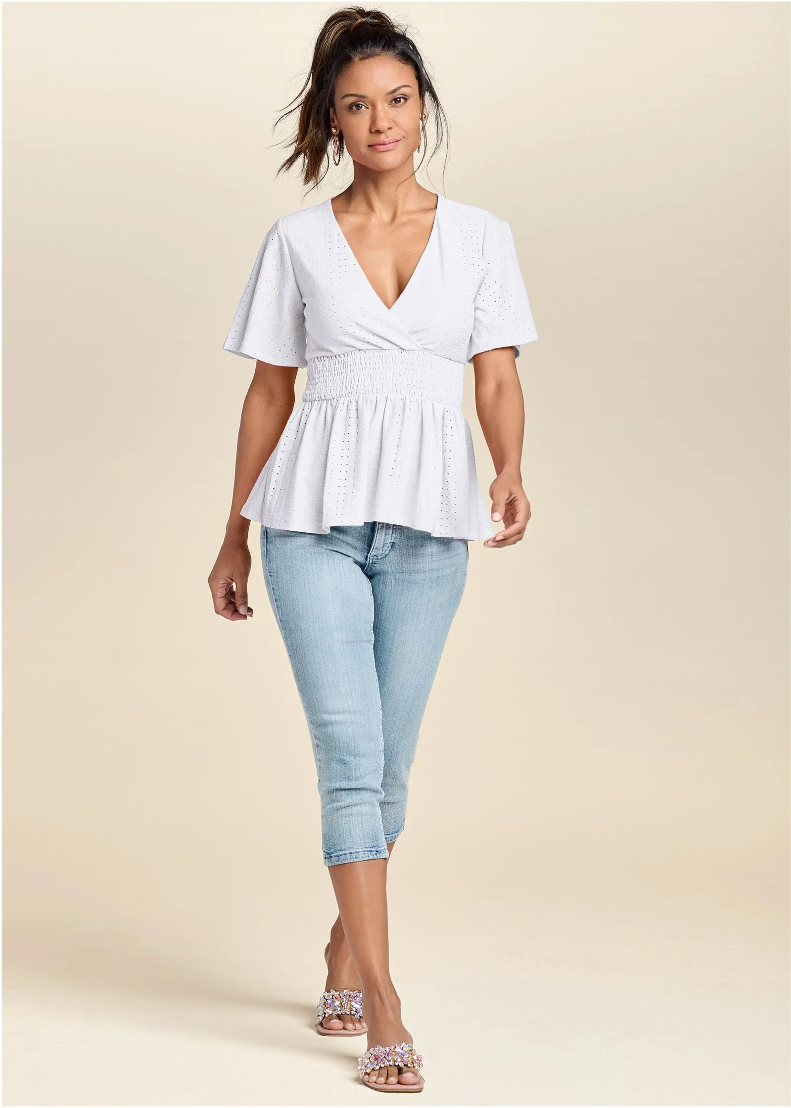 Stretch Eyelet Peplum Top - White sold by VENUS product image thumbnail 2