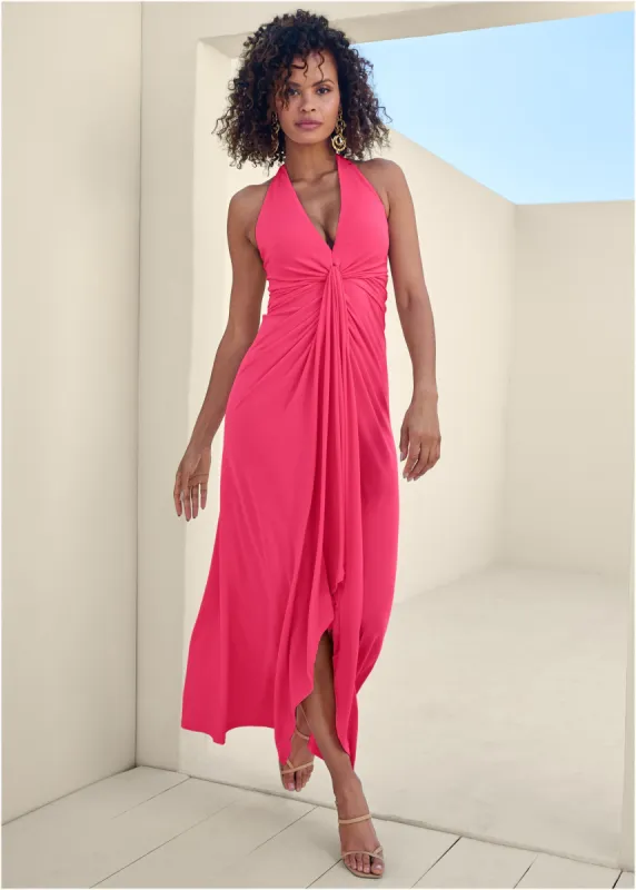 Plunging Knot Maxi Dress - Azalea sold by VENUS