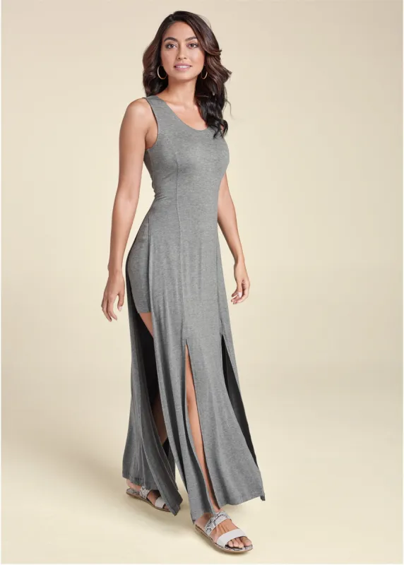 High Slit Casual Maxi Dress - Heather Grey sold by VENUS