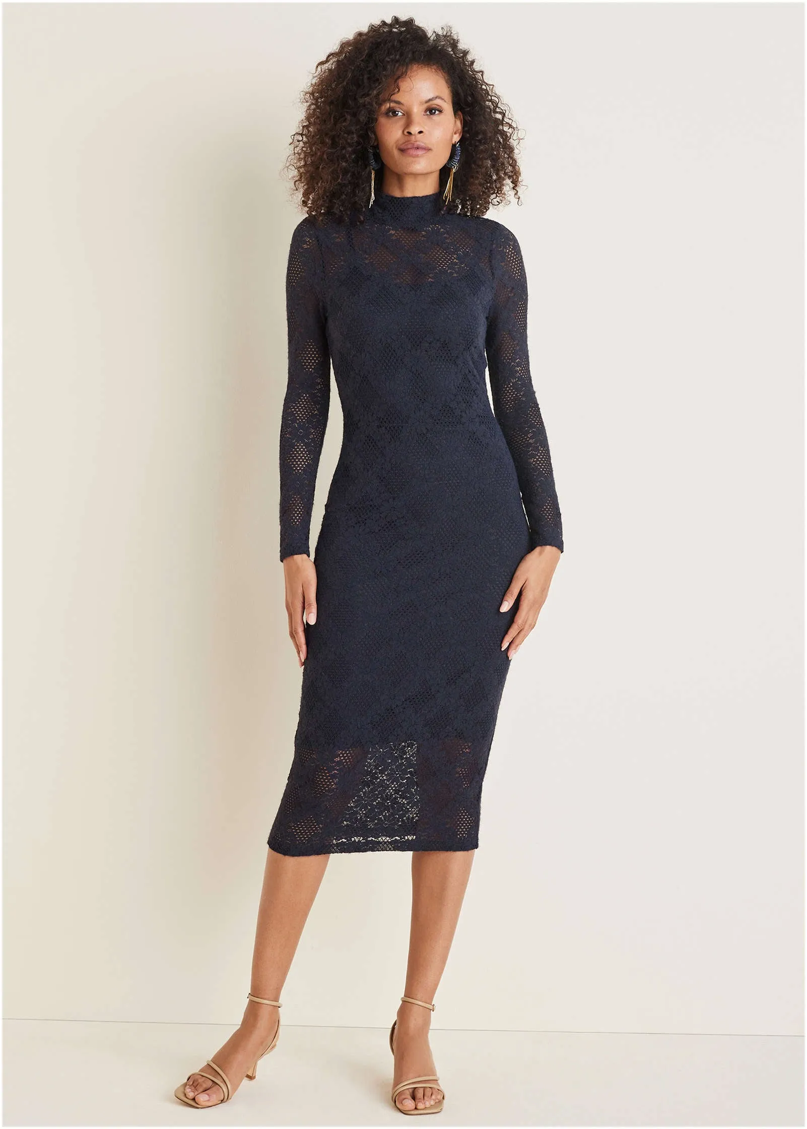 Lace Mock Neck Midi Dress - Navy sold by VENUS