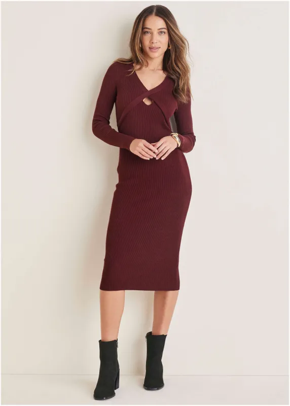 Cutout Midi Sweater Dress - Wine sold by VENUS
