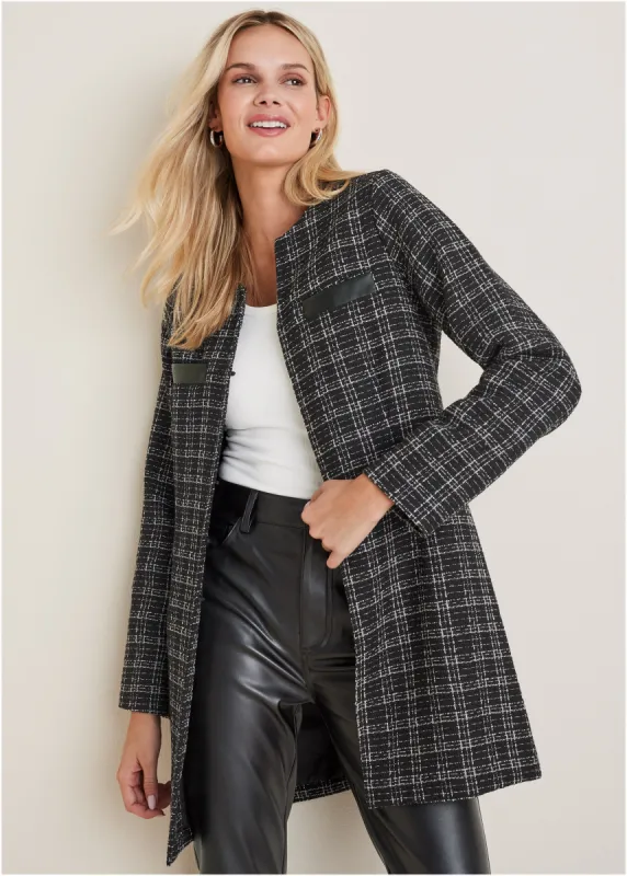 Tweed And Faux-Leather Coat - Black & White sold by VENUS