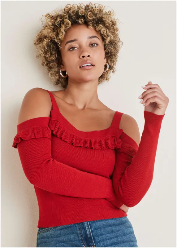 Cold Shoulder Ruffle Top - Equestrian Red sold by VENUS