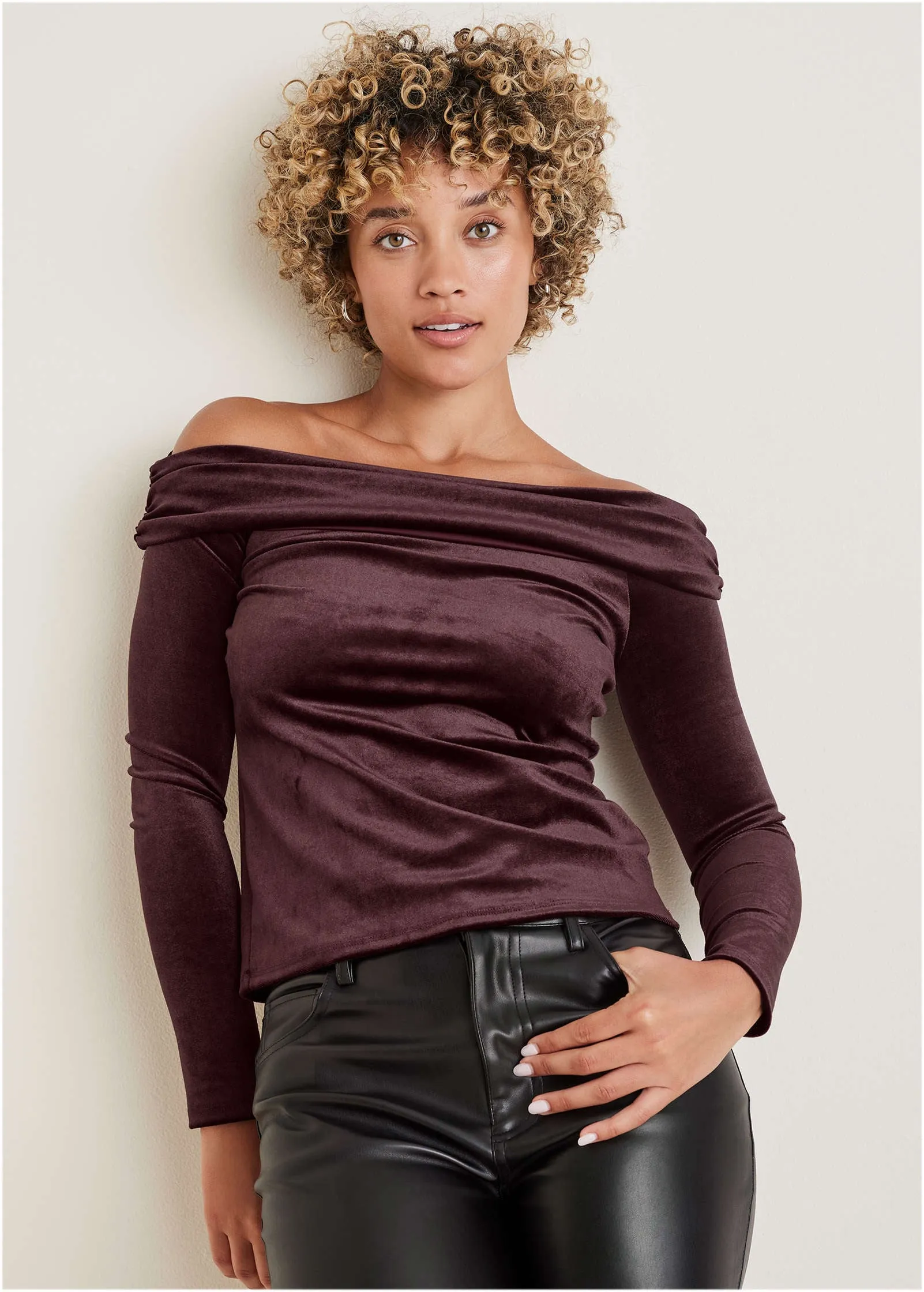 Off-The-Shoulder Velvet Top - Wine sold by VENUS