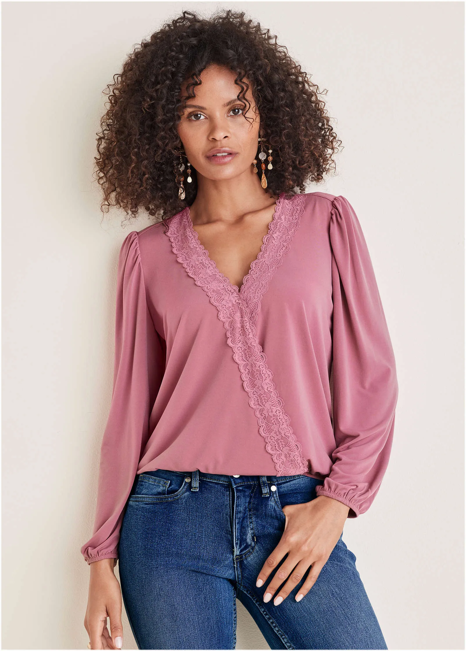 Faux Wrap Lace Trim Blouse - Heather Rose sold by VENUS
