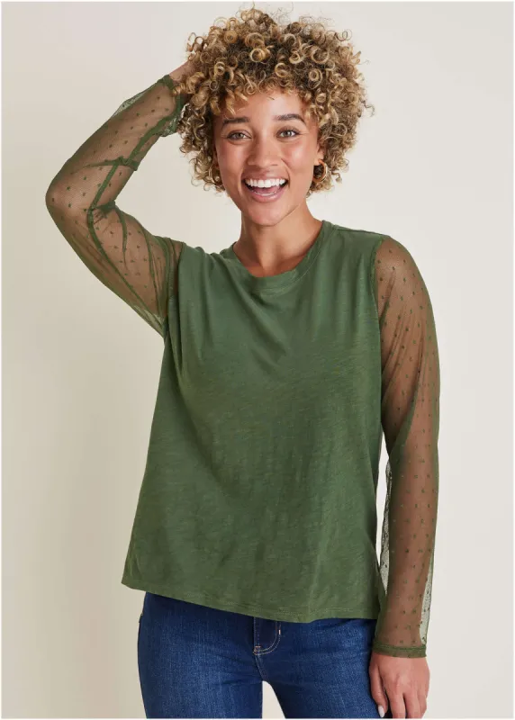 Mesh Sleeve Top - Bronze Green sold by VENUS